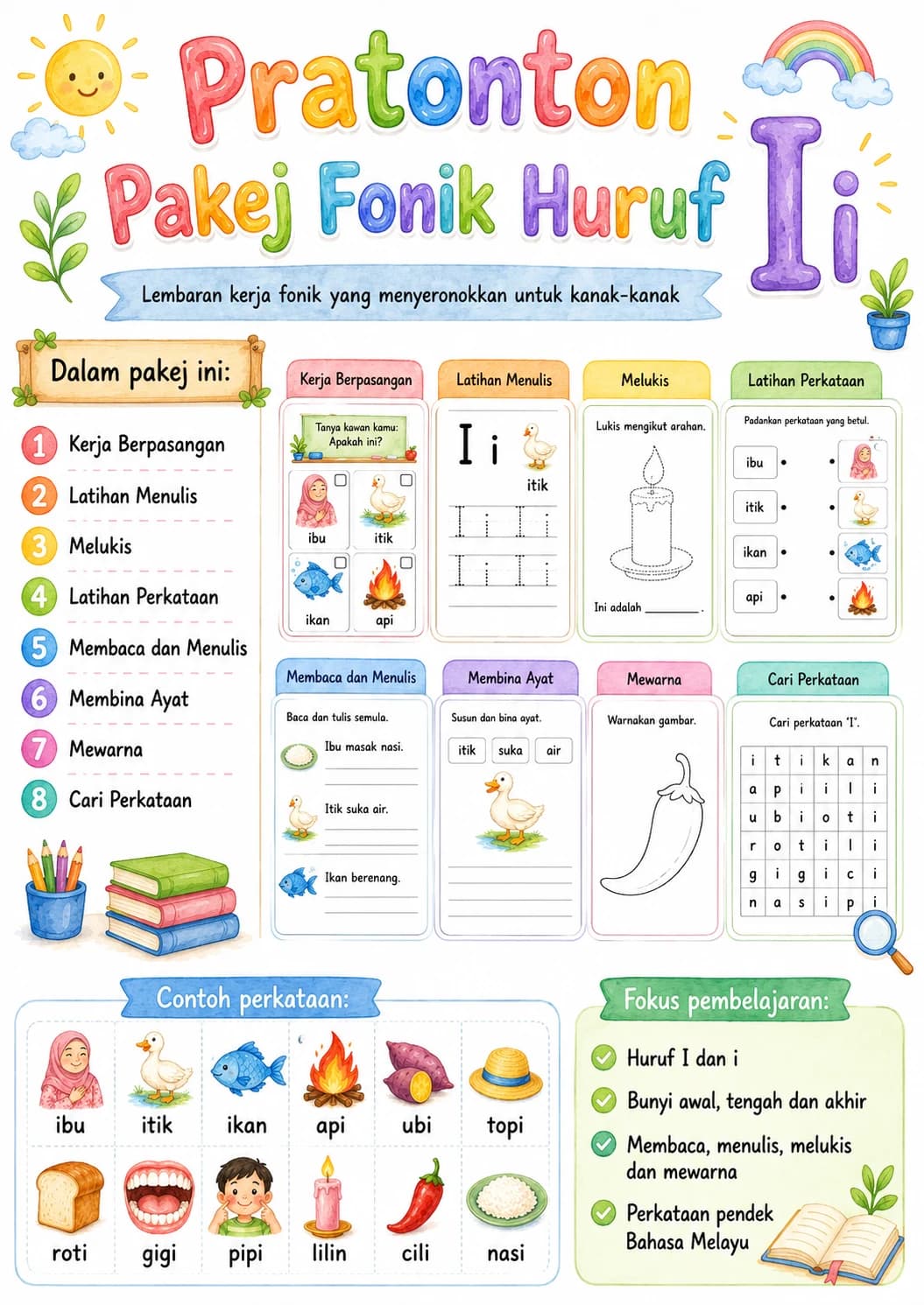 Malay Letter I Phonics Worksheets Pack page 2 printable worksheet preview