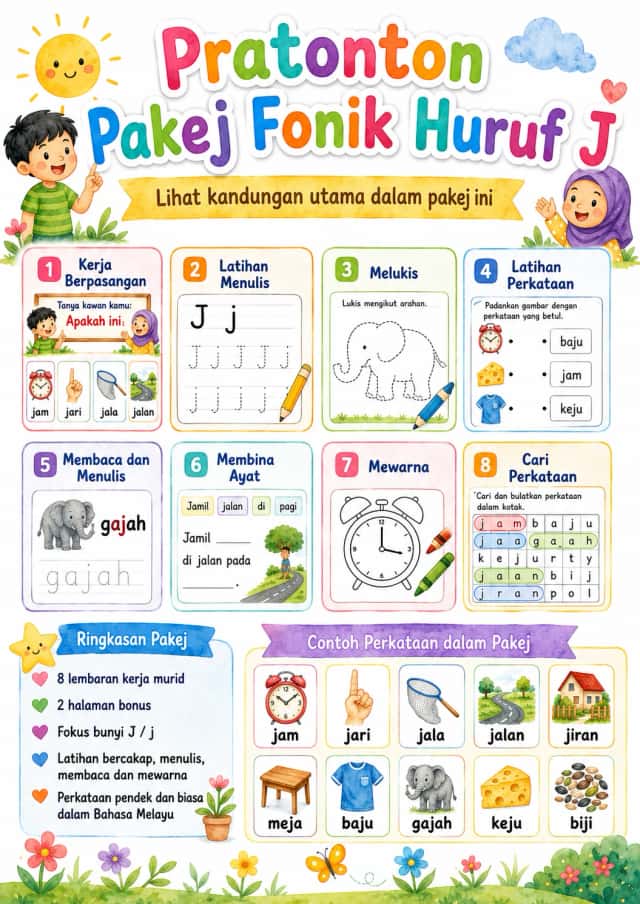 Malay Letter J Phonics Worksheets Pack
