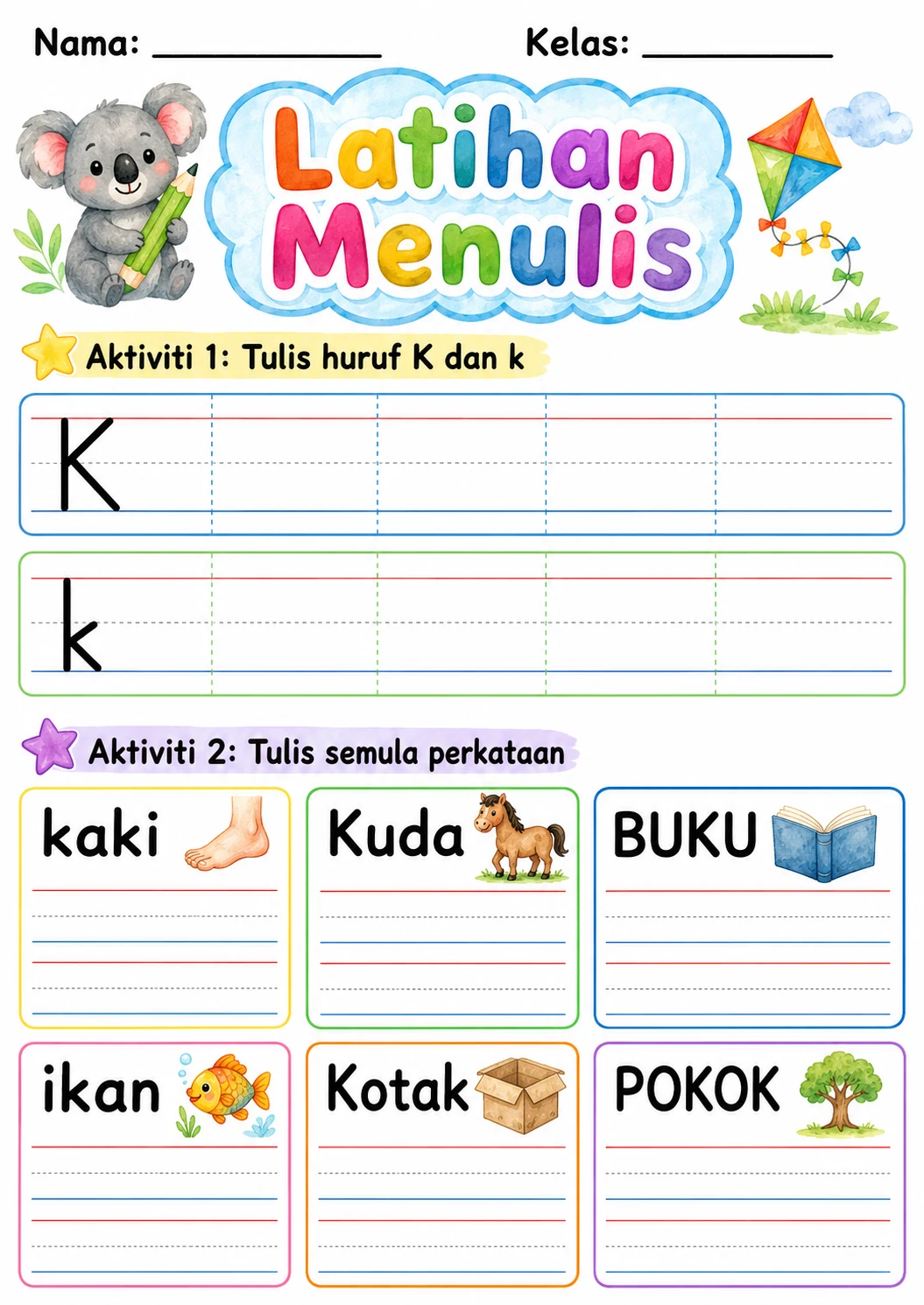 Malay Letter K Phonics Worksheets Pack page 8 printable worksheet preview