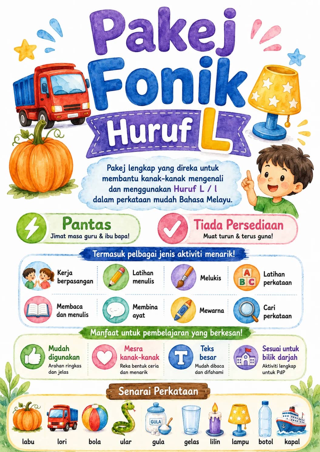 Malay Letter L Phonics Worksheets Pack printable worksheet pack preview from KiwiBee