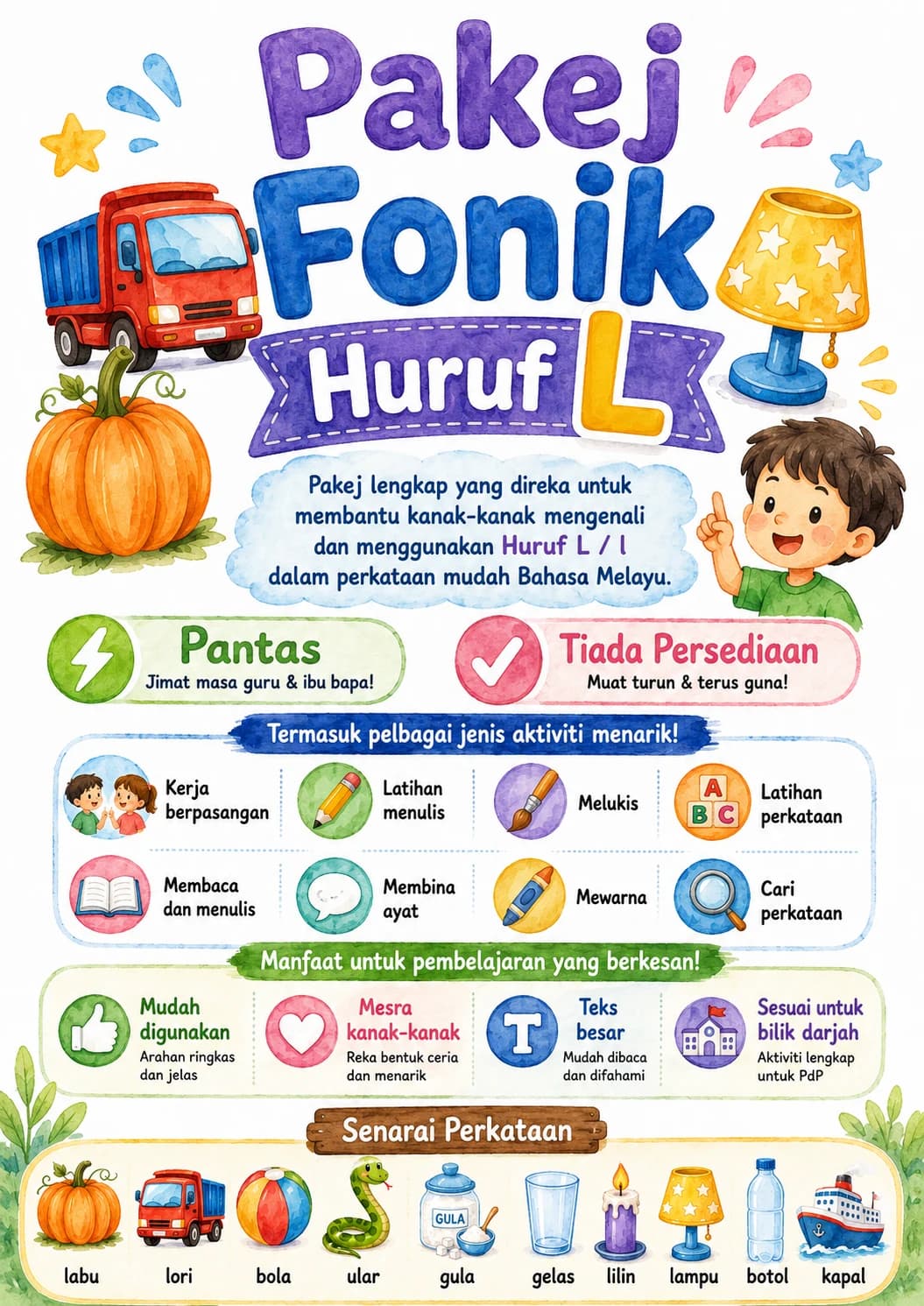 Malay Letter L Phonics Worksheets Pack printable worksheet pack preview from KiwiBee