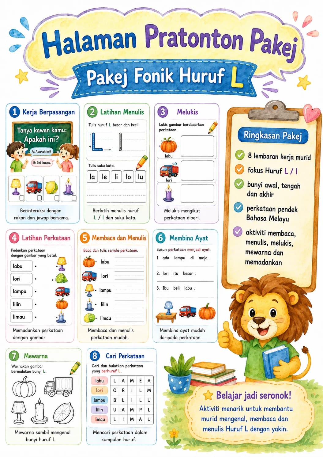 Malay Letter L Phonics Worksheets Pack page 2 printable worksheet preview
