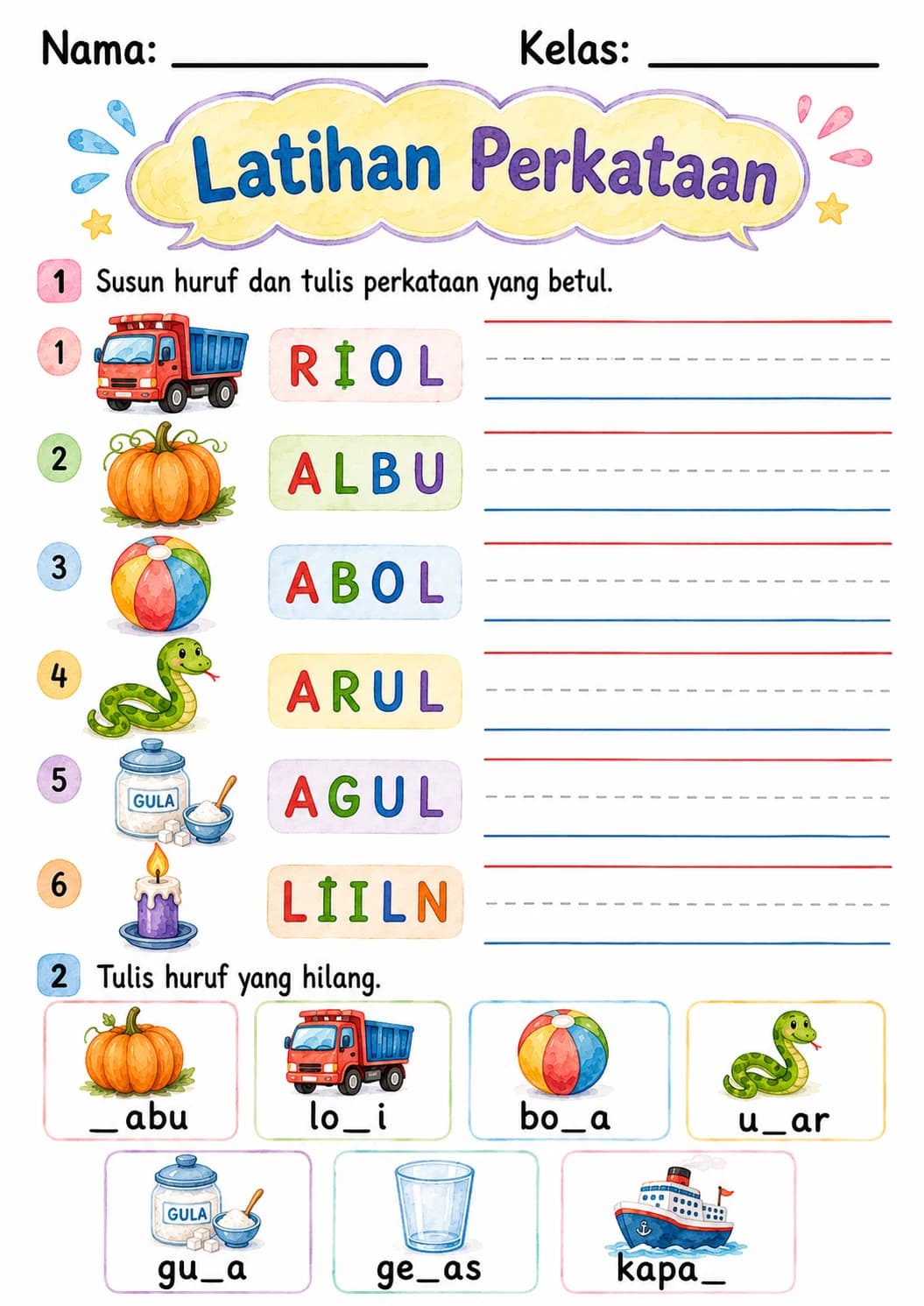 Malay Letter L Phonics Worksheets Pack page 5 printable worksheet preview