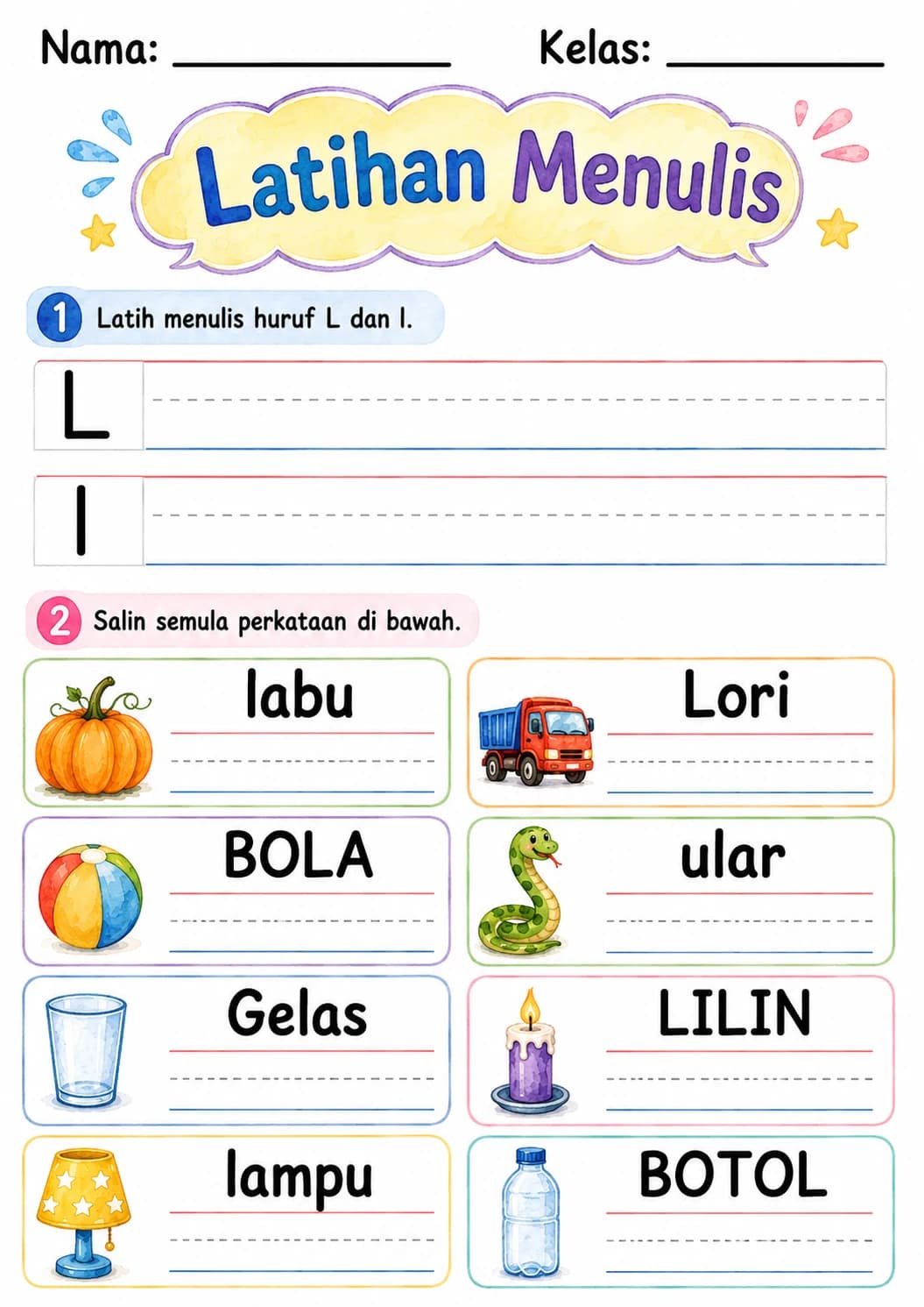 Malay Letter L Phonics Worksheets Pack page 7 printable worksheet preview