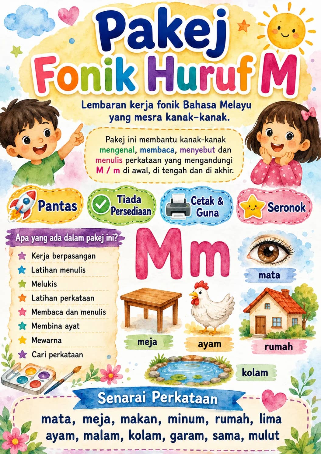 Malay Letter M Phonics Worksheets Pack printable worksheet pack preview from KiwiBee
