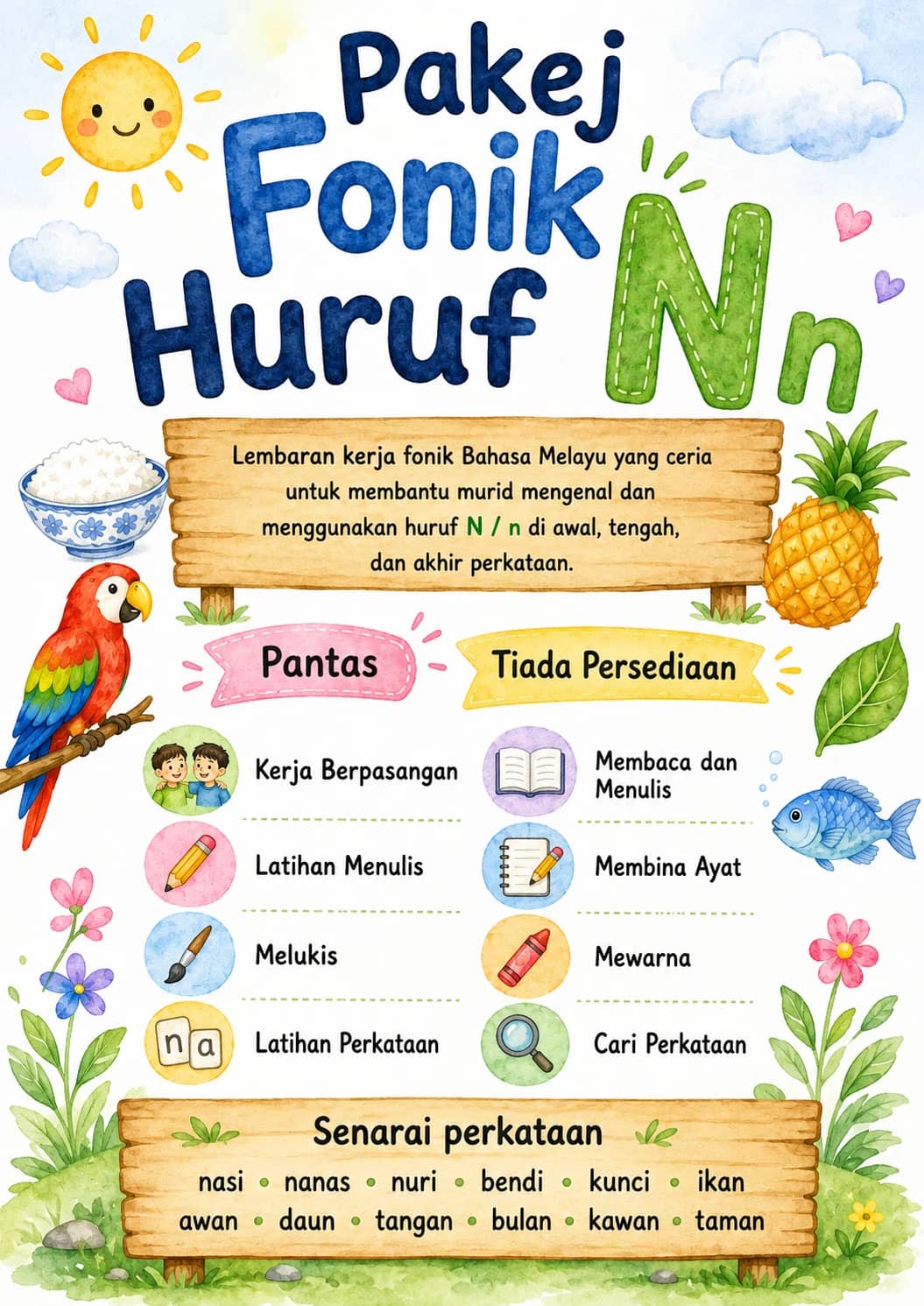 Malay Letter N Phonics Worksheets Pack printable worksheet pack preview from KiwiBee