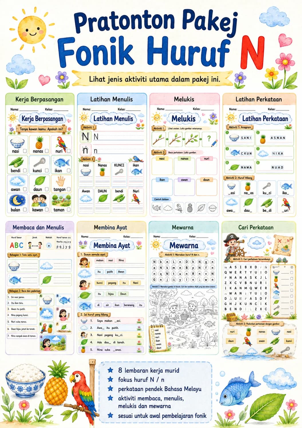Malay Letter N Phonics Worksheets Pack page 2 printable worksheet preview
