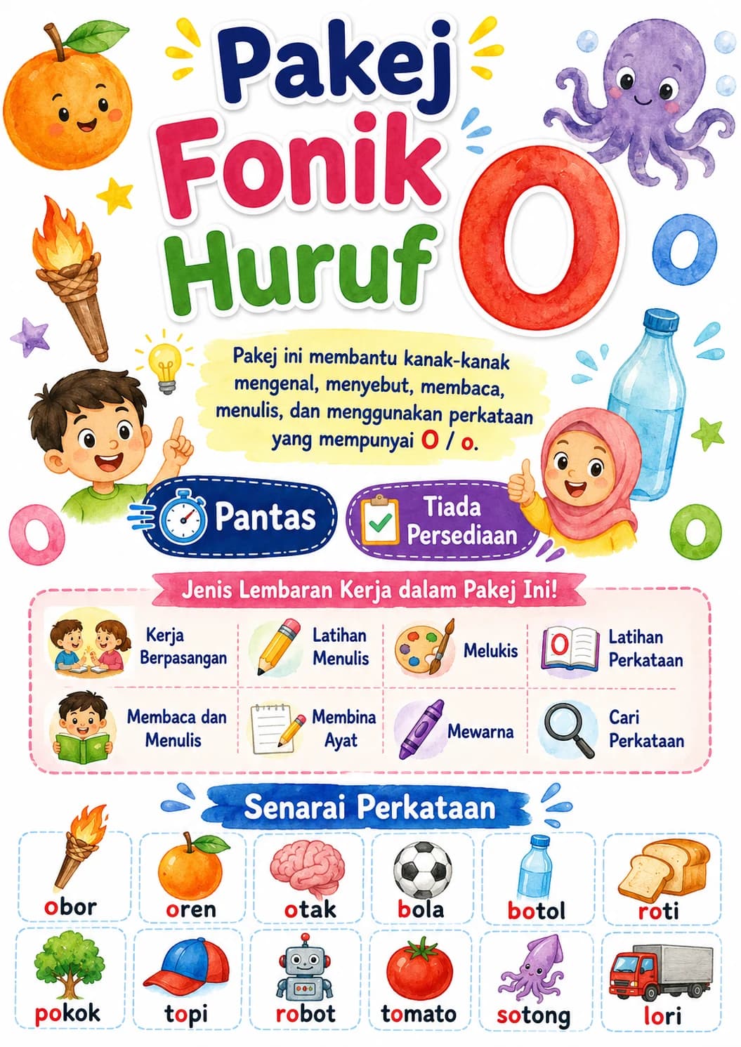 Malay Letter O Phonics Worksheets Pack page 6 printable worksheet preview