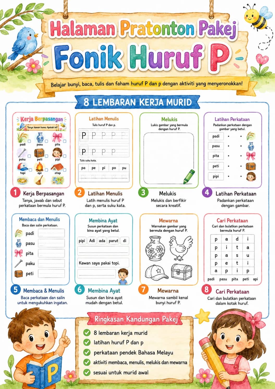 Malay Letter P Phonics Worksheets Pack printable worksheet pack preview from KiwiBee