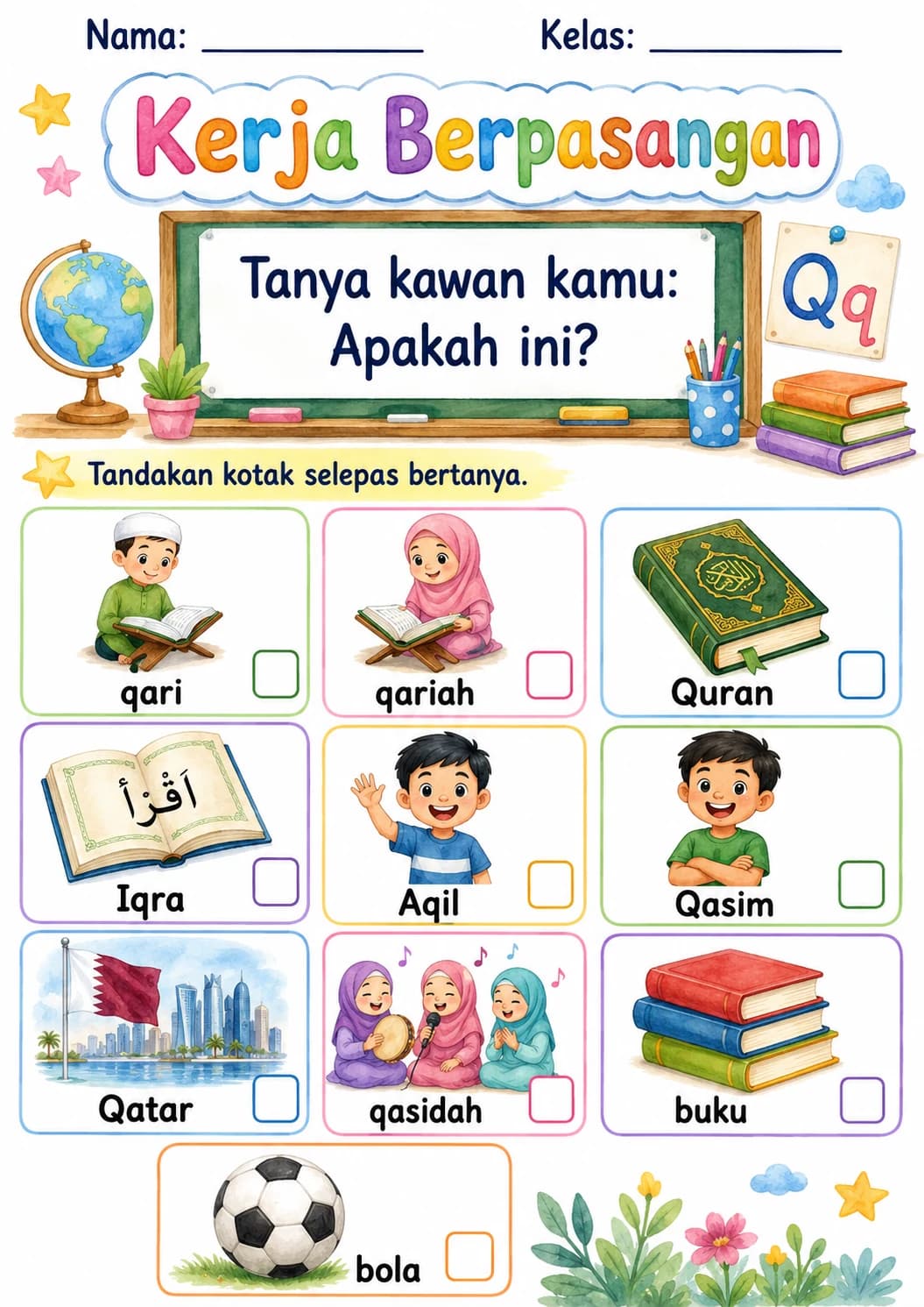 Malay Letter Q Phonics Worksheets Pack page 3 printable worksheet preview