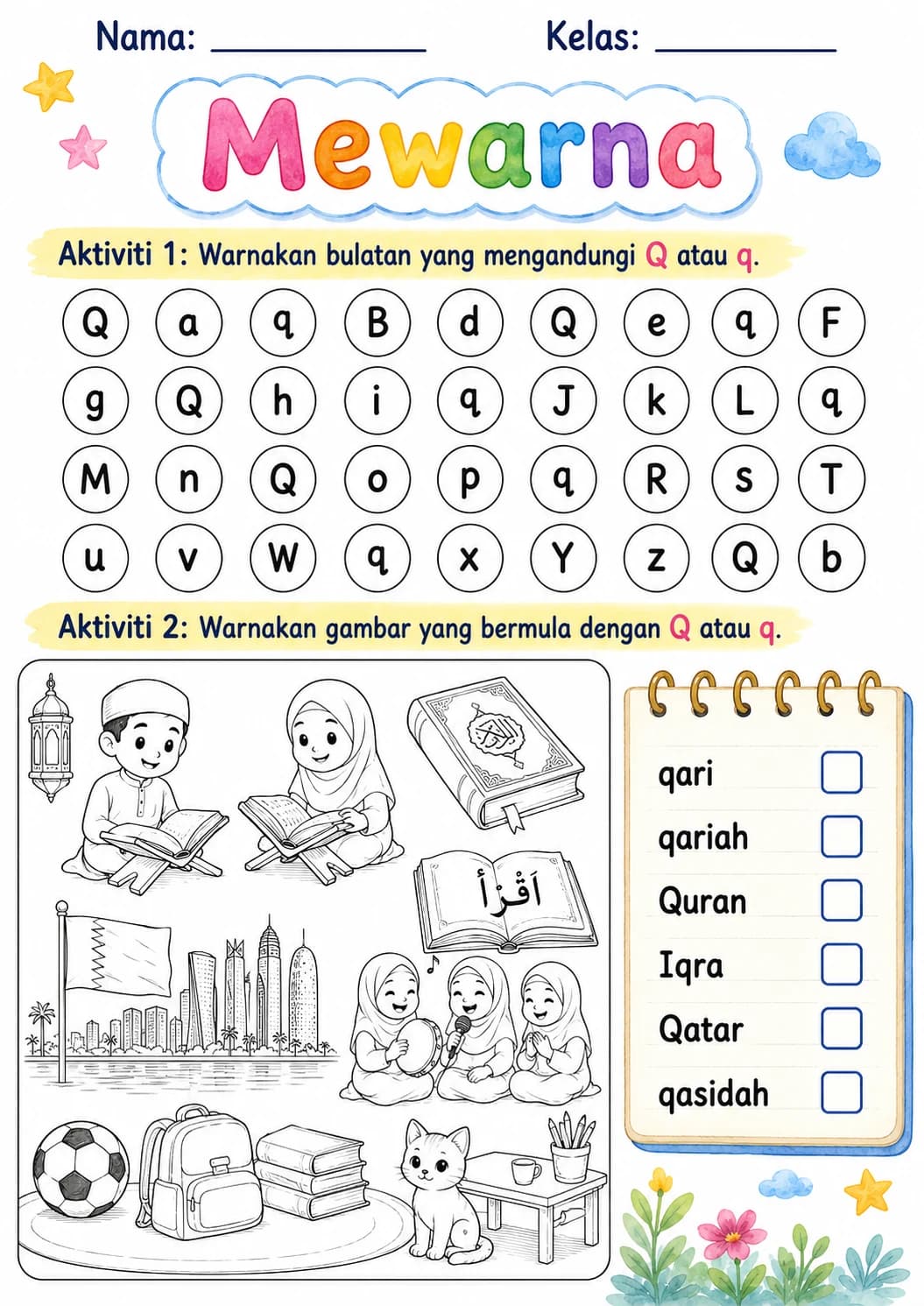 Malay Letter Q Phonics Worksheets Pack page 4 printable worksheet preview