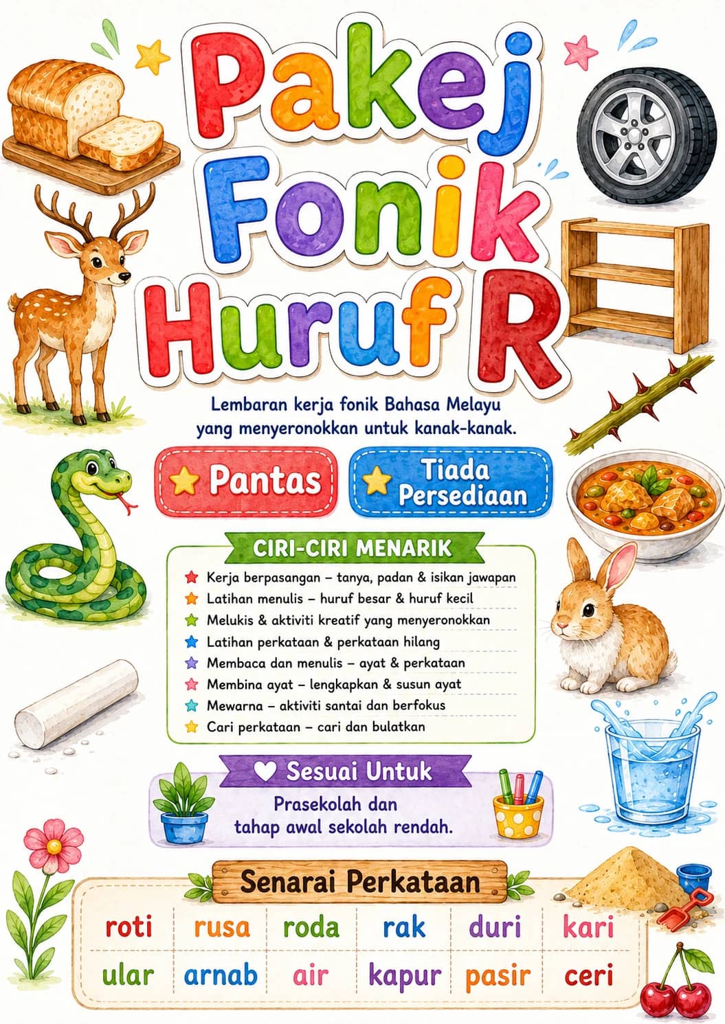 Malay Letter R Phonics Worksheets Pack printable worksheet pack preview from KiwiBee
