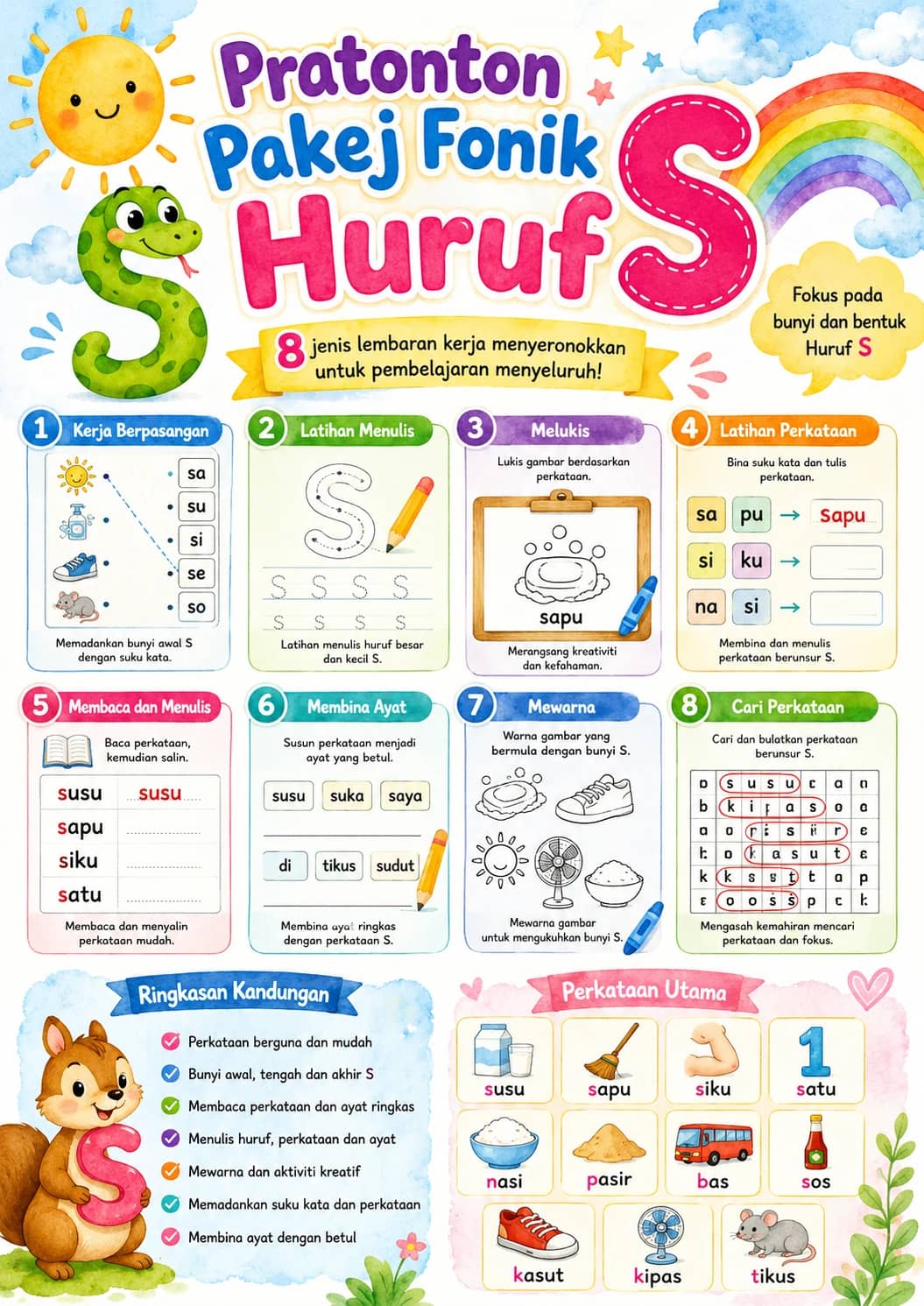 Malay Letter S Phonics Worksheets Pack printable worksheet pack preview from KiwiBee