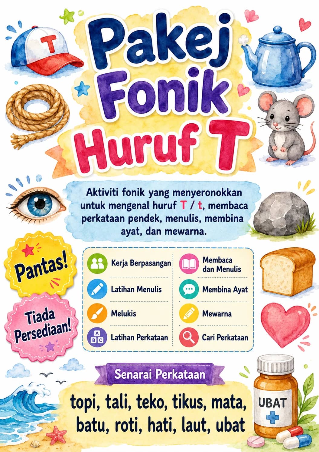 Malay Letter T Phonics Worksheets Pack printable worksheet pack preview from KiwiBee