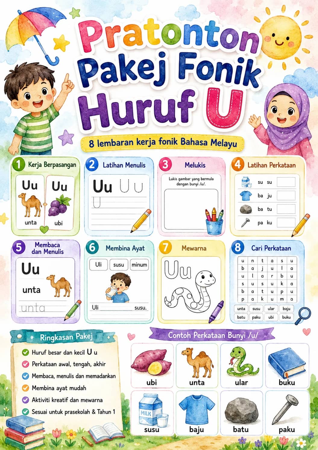 Malay Letter U Phonics Worksheets Pack printable worksheet pack preview from KiwiBee