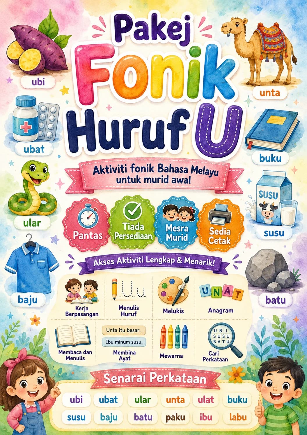 Malay Letter U Phonics Worksheets Pack page 2 printable worksheet preview