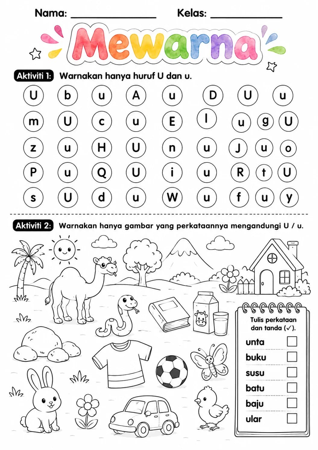 Malay Letter U Phonics Worksheets Pack page 4 printable worksheet preview