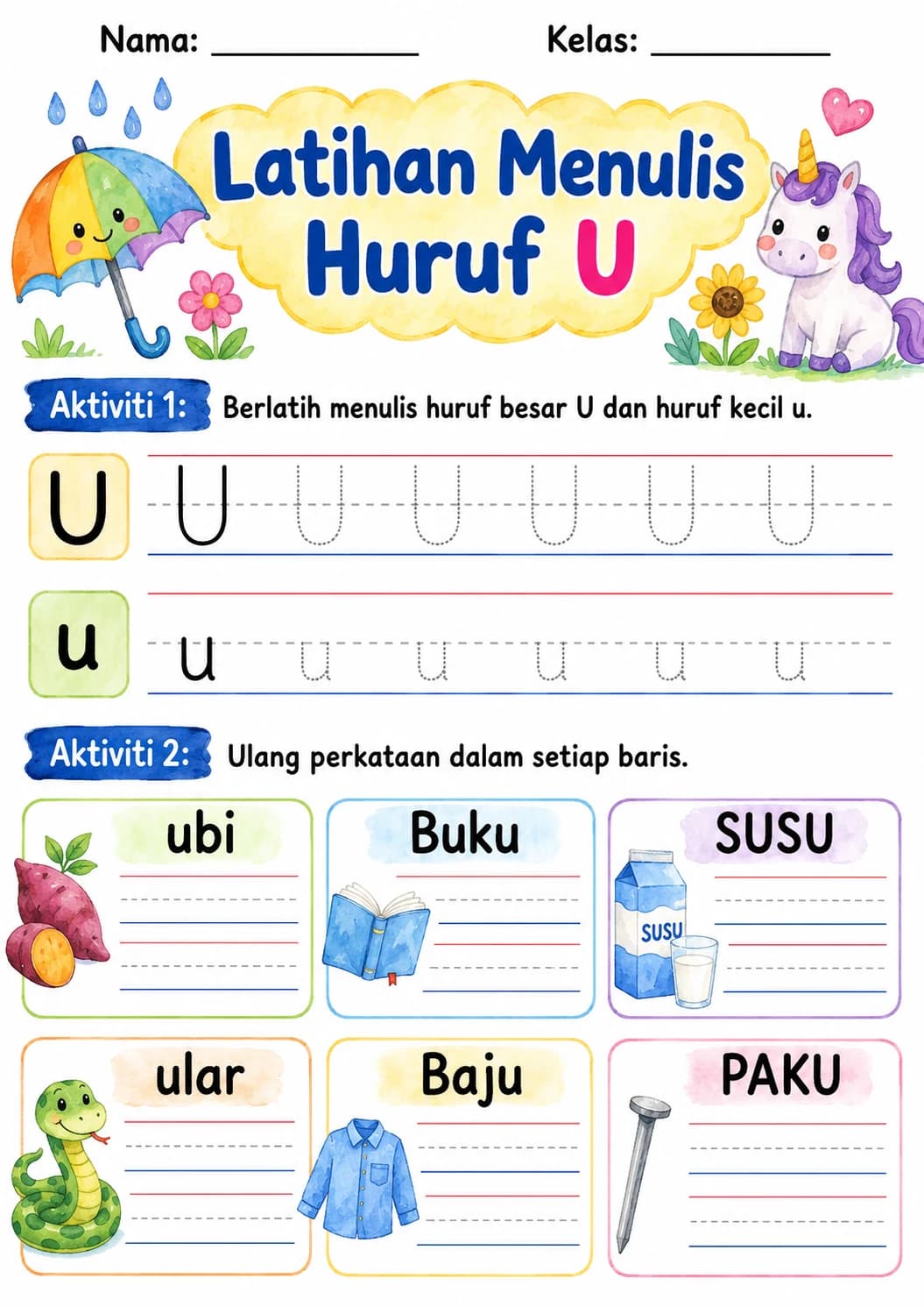 Malay Letter U Phonics Worksheets Pack page 5 printable worksheet preview