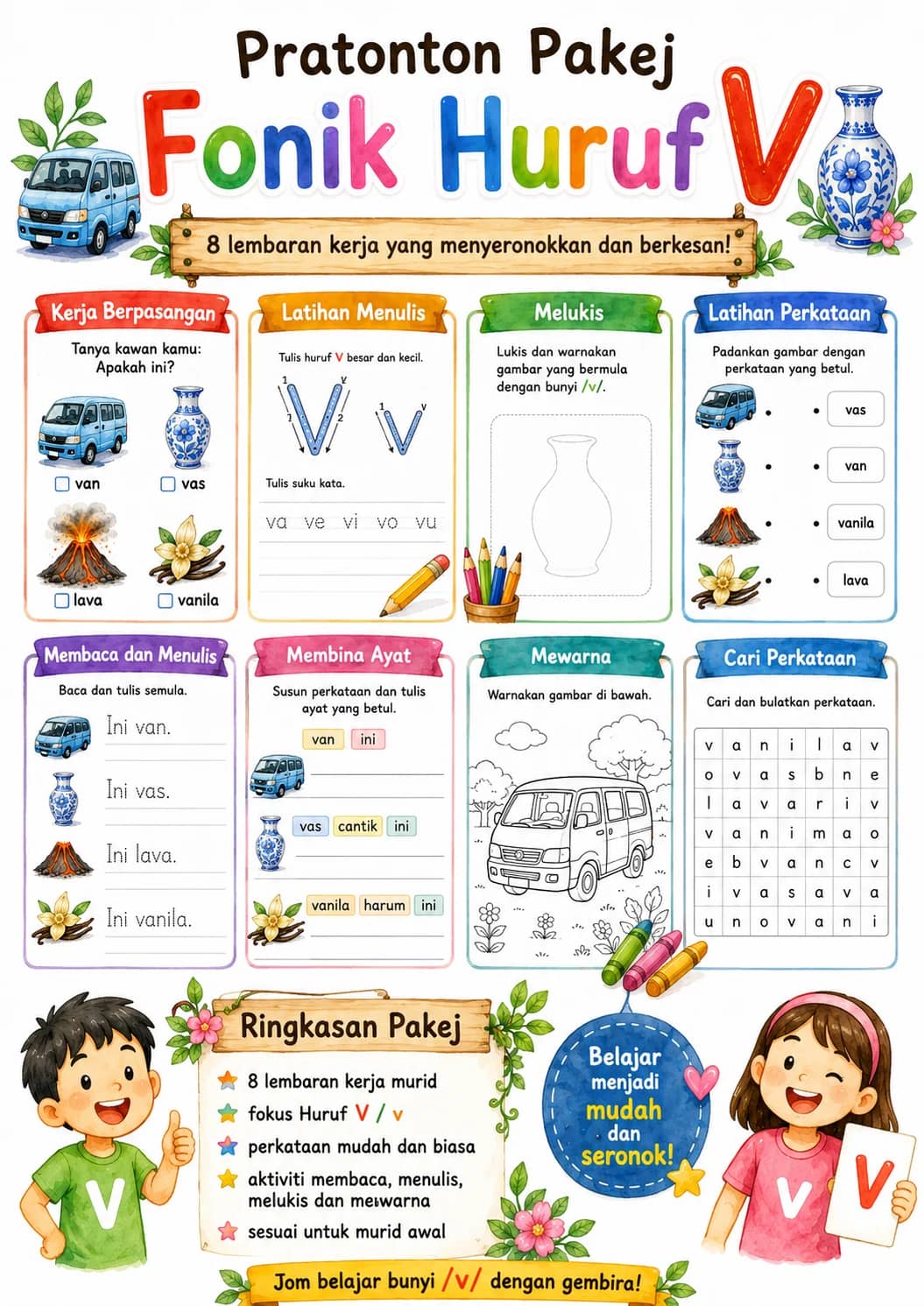 Malay Letter V Phonics Worksheets Pack printable worksheet pack preview from KiwiBee