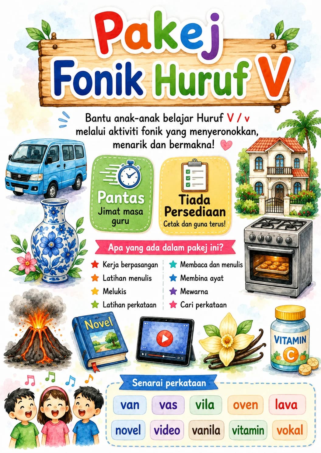 Malay Letter V Phonics Worksheets Pack page 2 printable worksheet preview