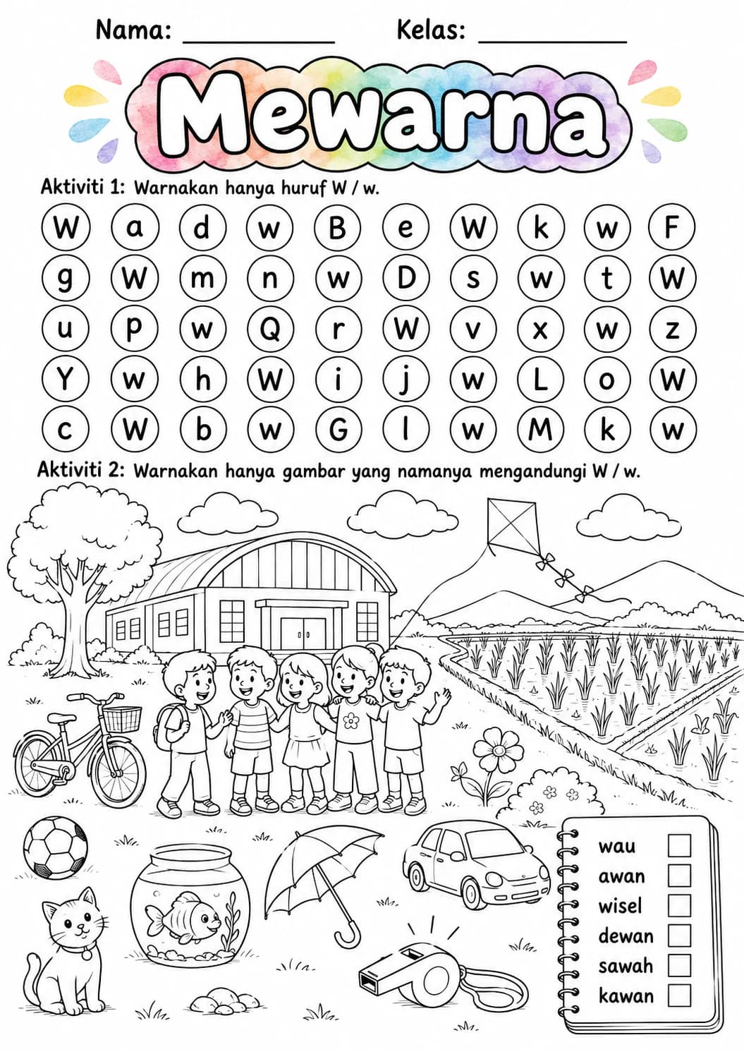 Malay Letter W Phonics Worksheets Pack page 2 printable worksheet preview