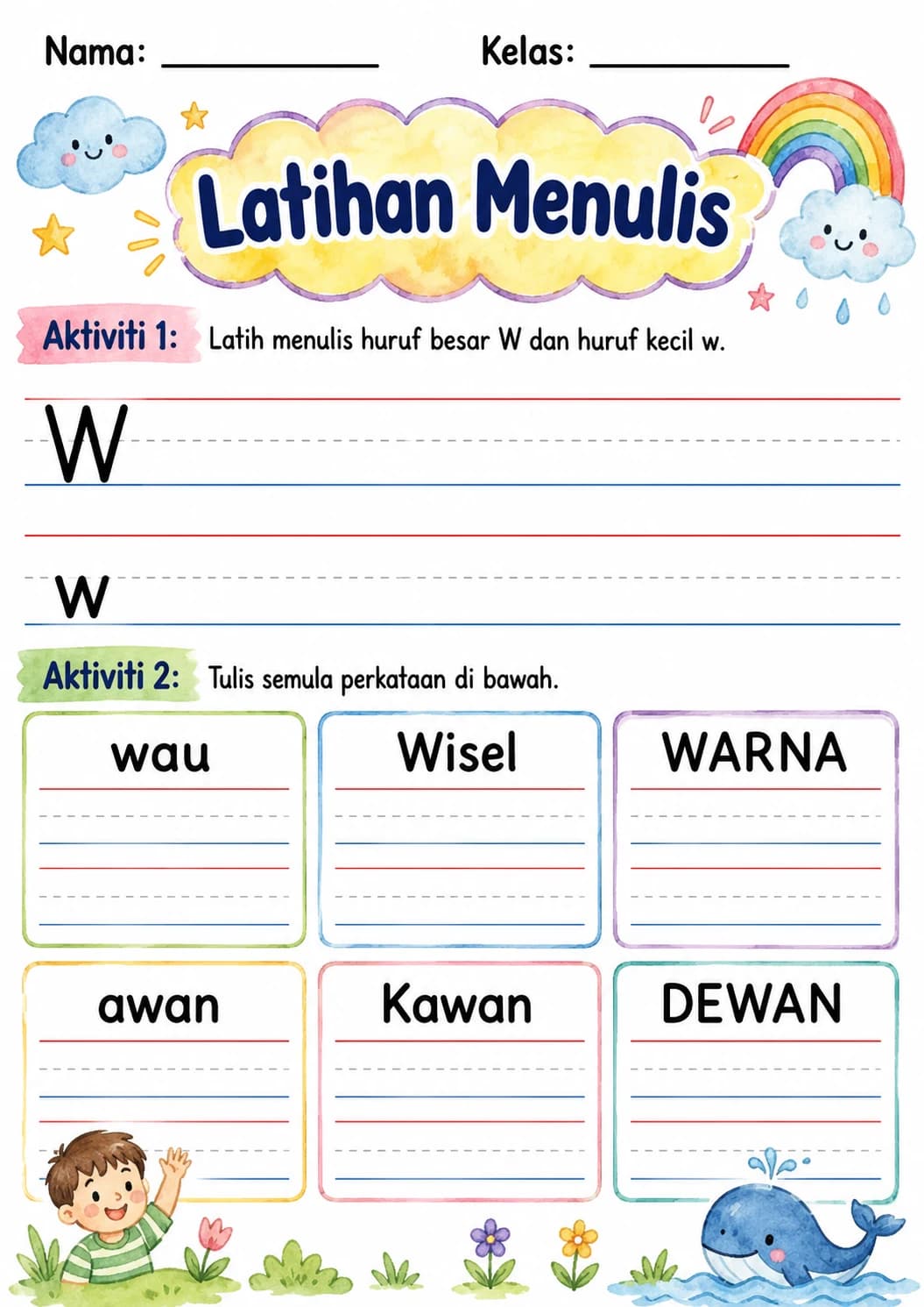Malay Letter W Phonics Worksheets Pack page 3 printable worksheet preview