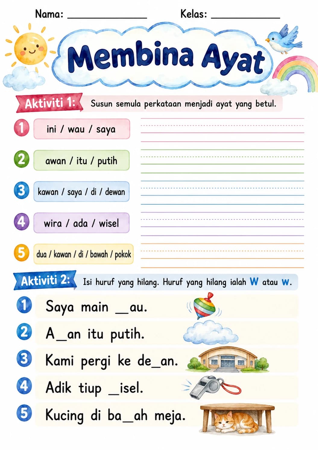 Malay Letter W Phonics Worksheets Pack page 4 printable worksheet preview