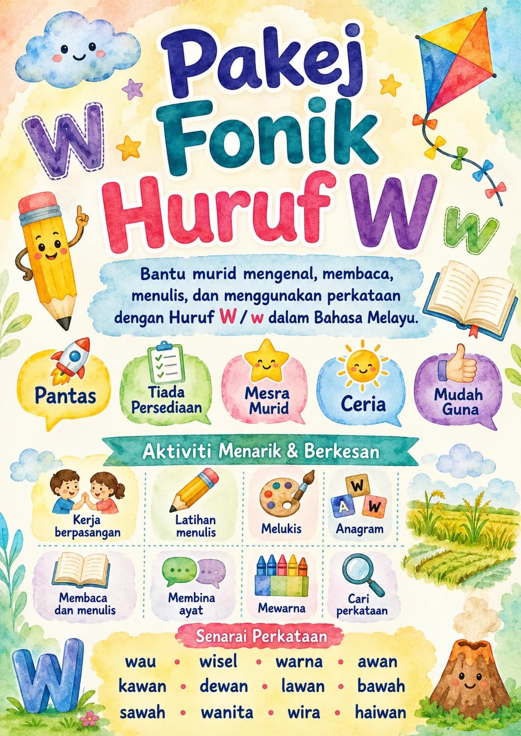 Malay Letter W Phonics Worksheets Pack page 5 printable worksheet preview