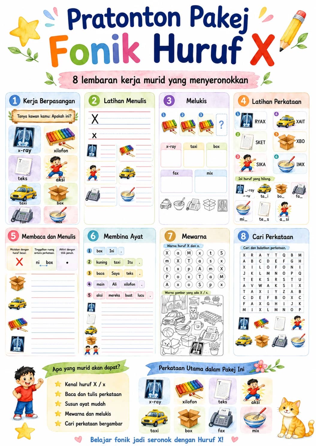 Malay Letter X Phonics Worksheets Pack printable worksheet pack preview from KiwiBee