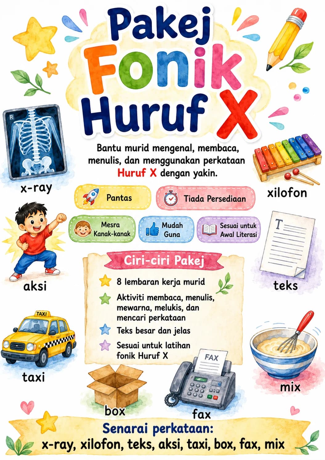 Malay Letter X Phonics Worksheets Pack page 2 printable worksheet preview
