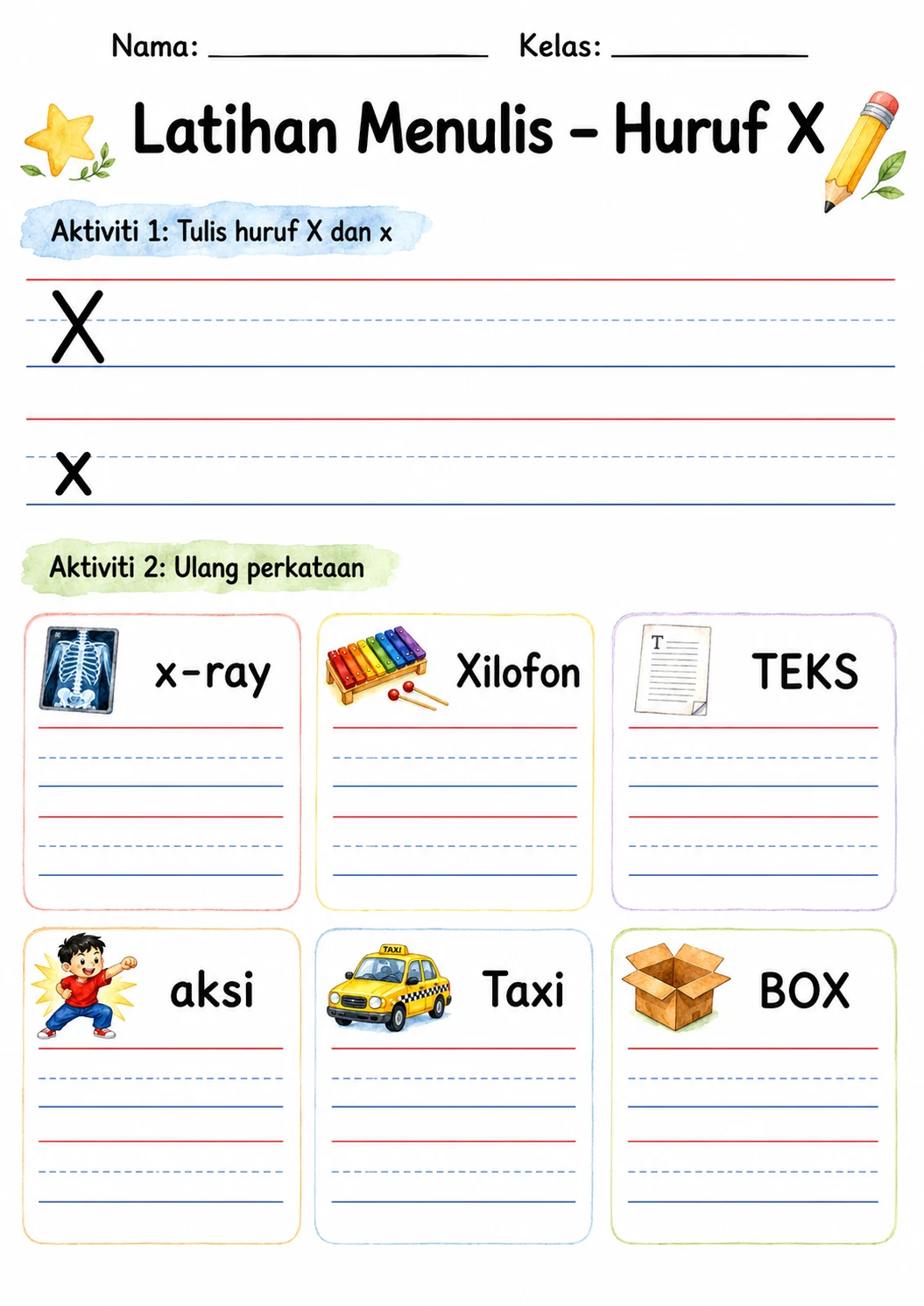 Malay Letter X Phonics Worksheets Pack page 4 printable worksheet preview