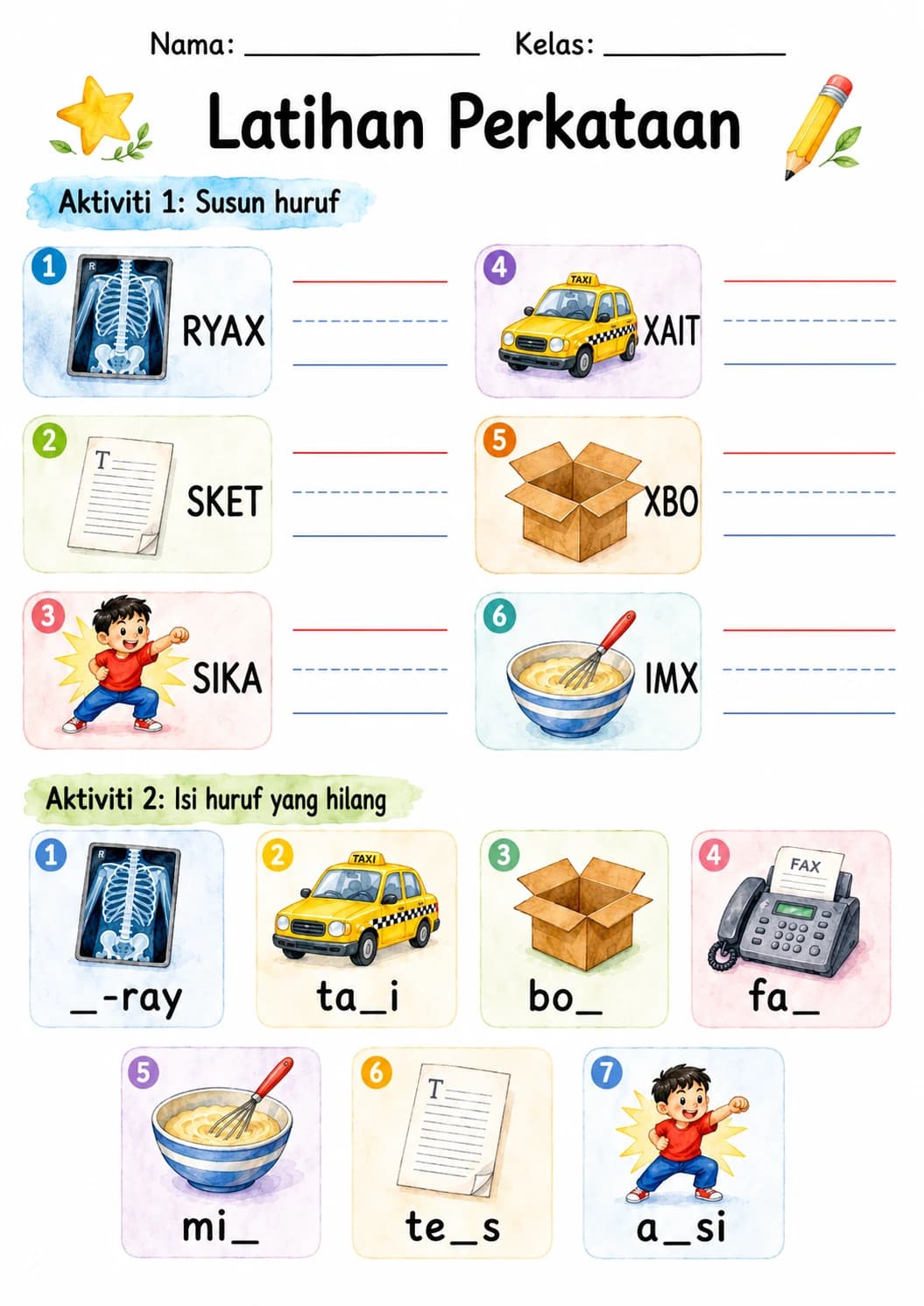 Malay Letter X Phonics Worksheets Pack page 9 printable worksheet preview