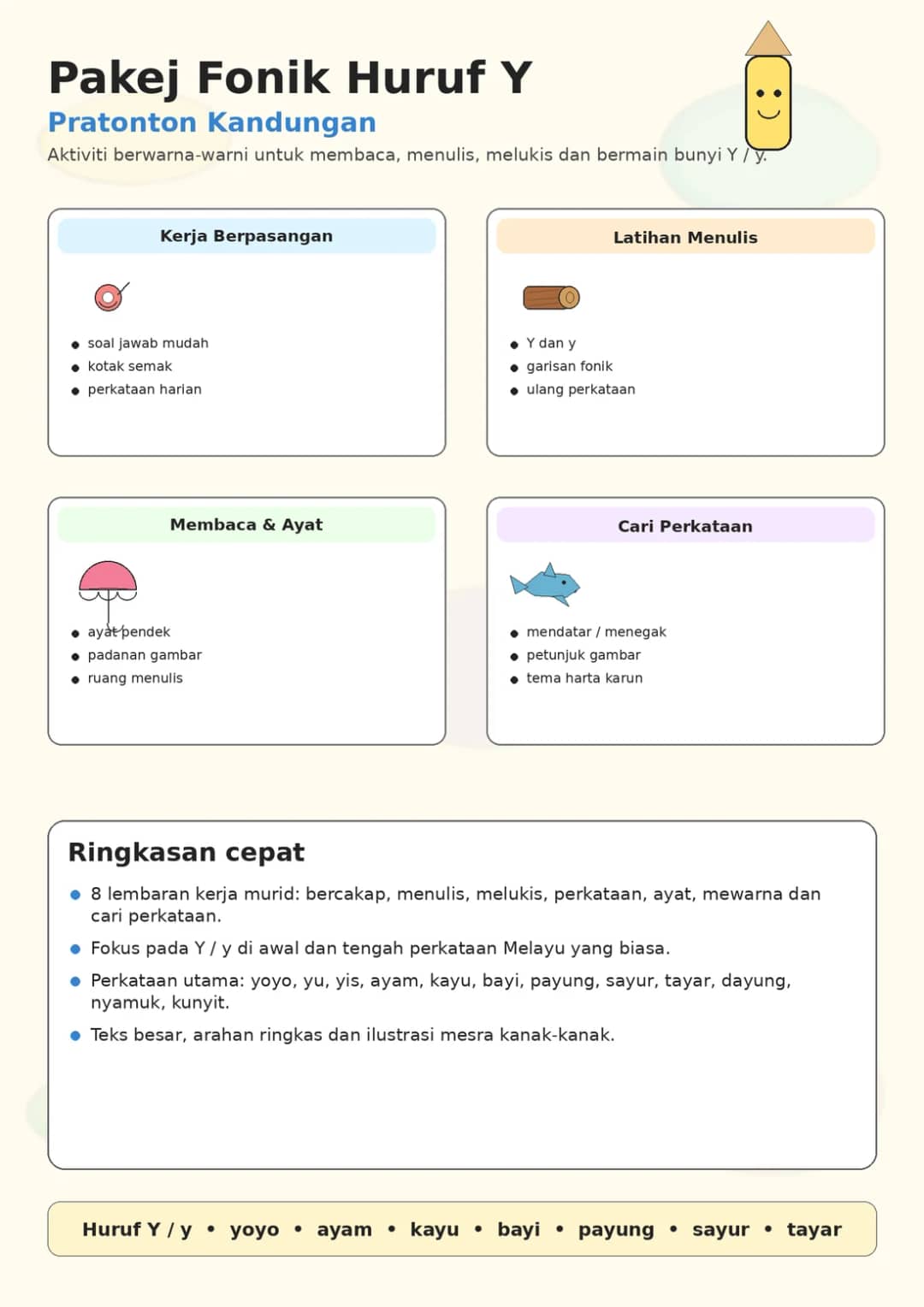 Malay Letter Y Phonics Worksheets Pack printable worksheet pack preview from KiwiBee