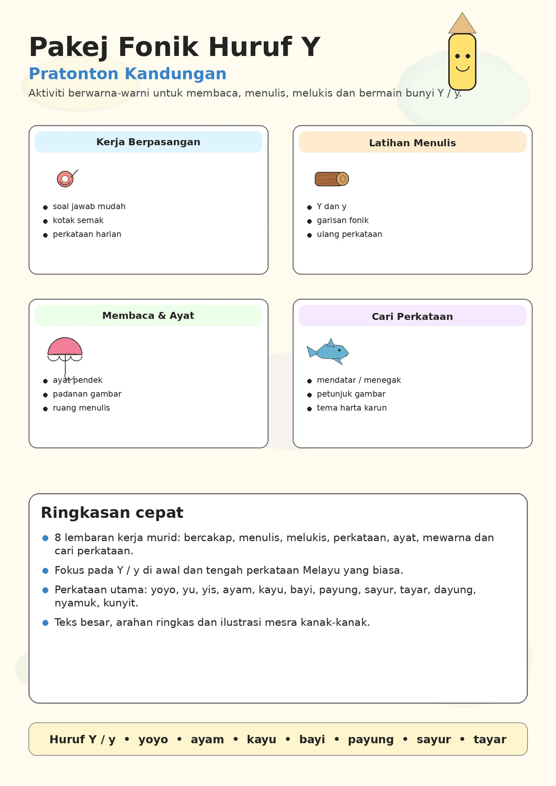 Malay Letter Y Phonics Worksheets Pack printable worksheet pack preview from KiwiBee