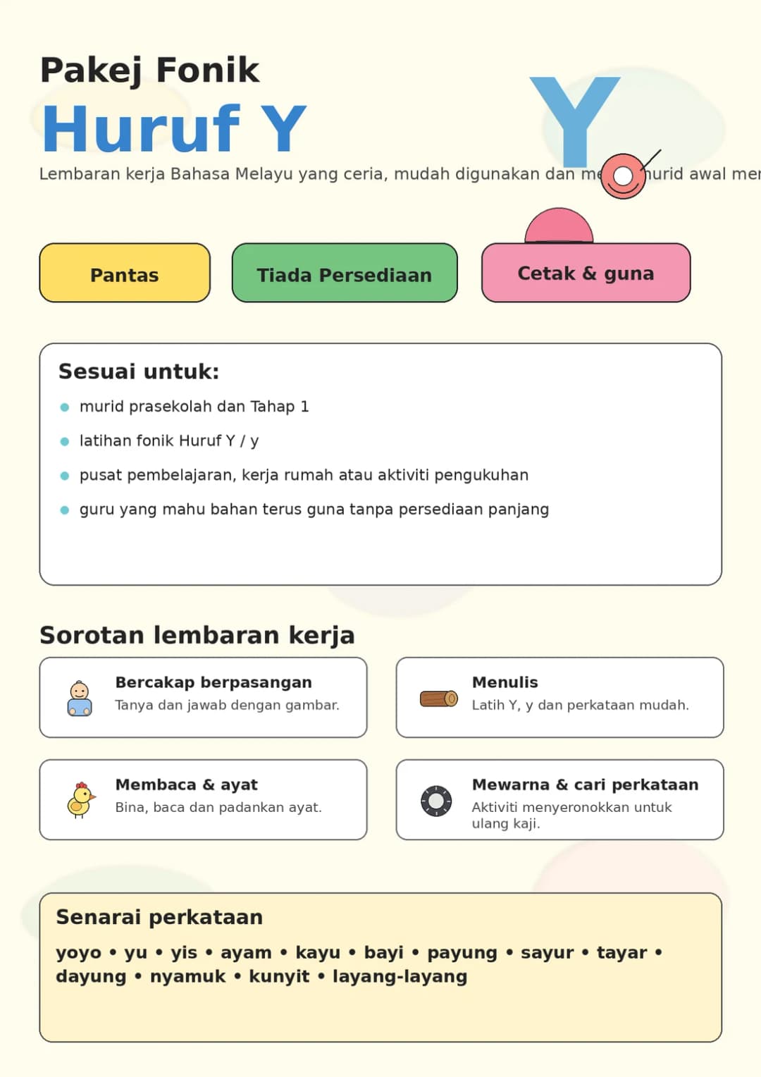 Malay Letter Y Phonics Worksheets Pack page 2 printable worksheet preview