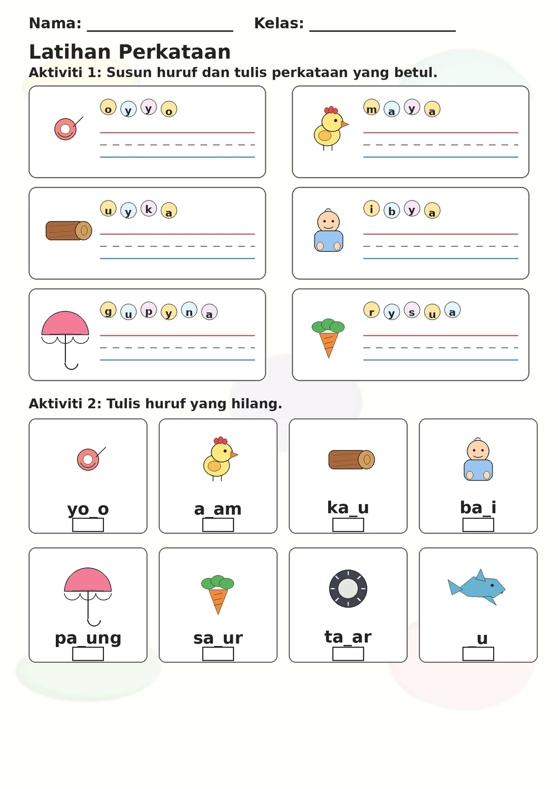 Malay Letter Y Phonics Worksheets Pack page 3 printable worksheet preview