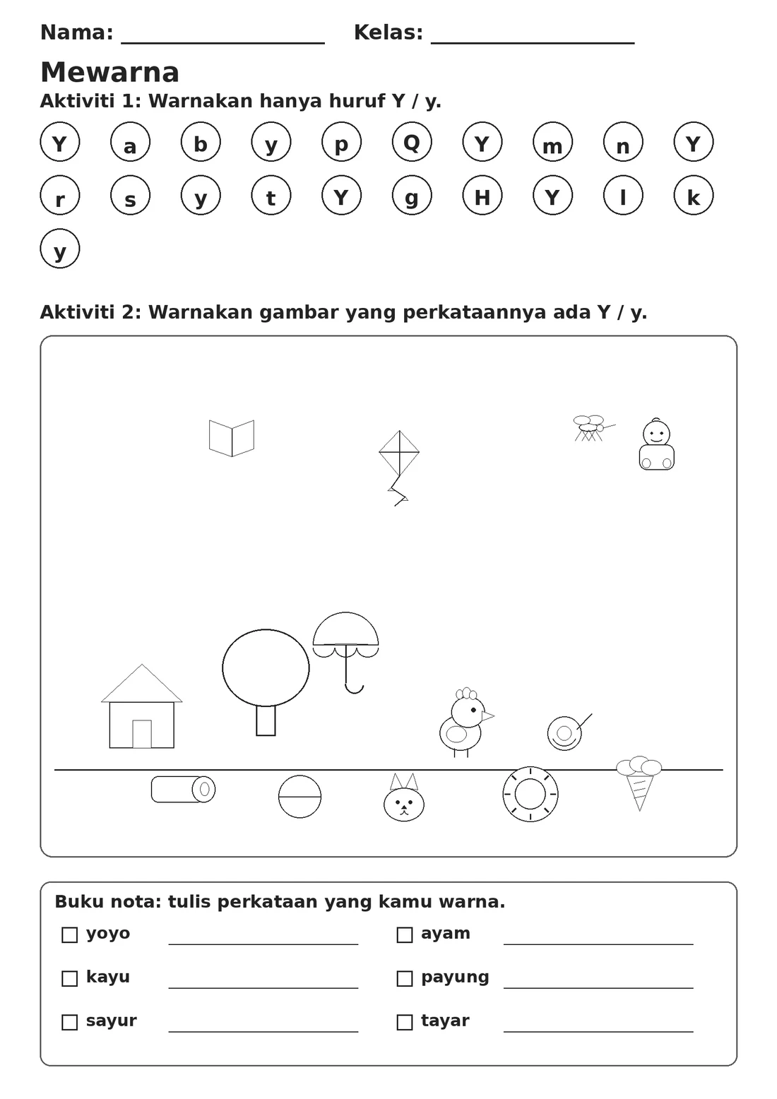 Malay Letter Y Phonics Worksheets Pack page 4 printable worksheet preview
