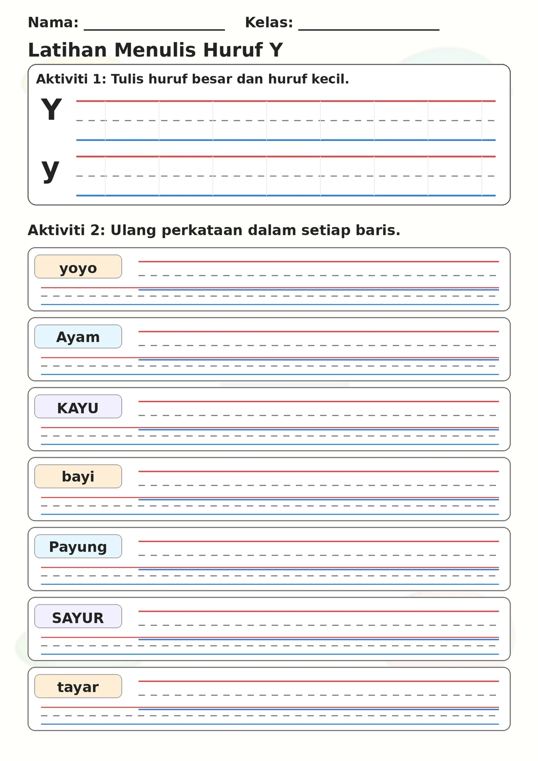 Malay Letter Y Phonics Worksheets Pack page 5 printable worksheet preview