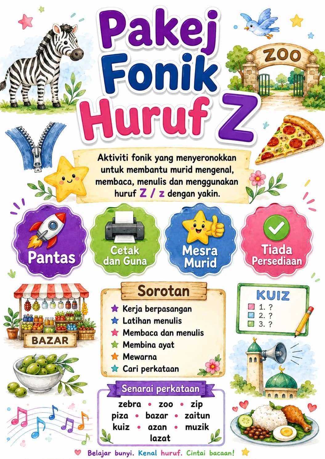 Malay Letter Z Phonics Worksheets Pack printable worksheet pack preview from KiwiBee