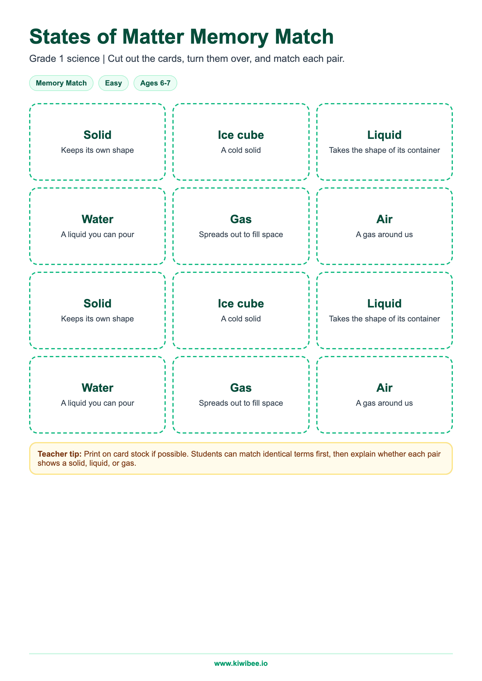 States of Matter Memory Match — Grade 1 | Free Classroom Game