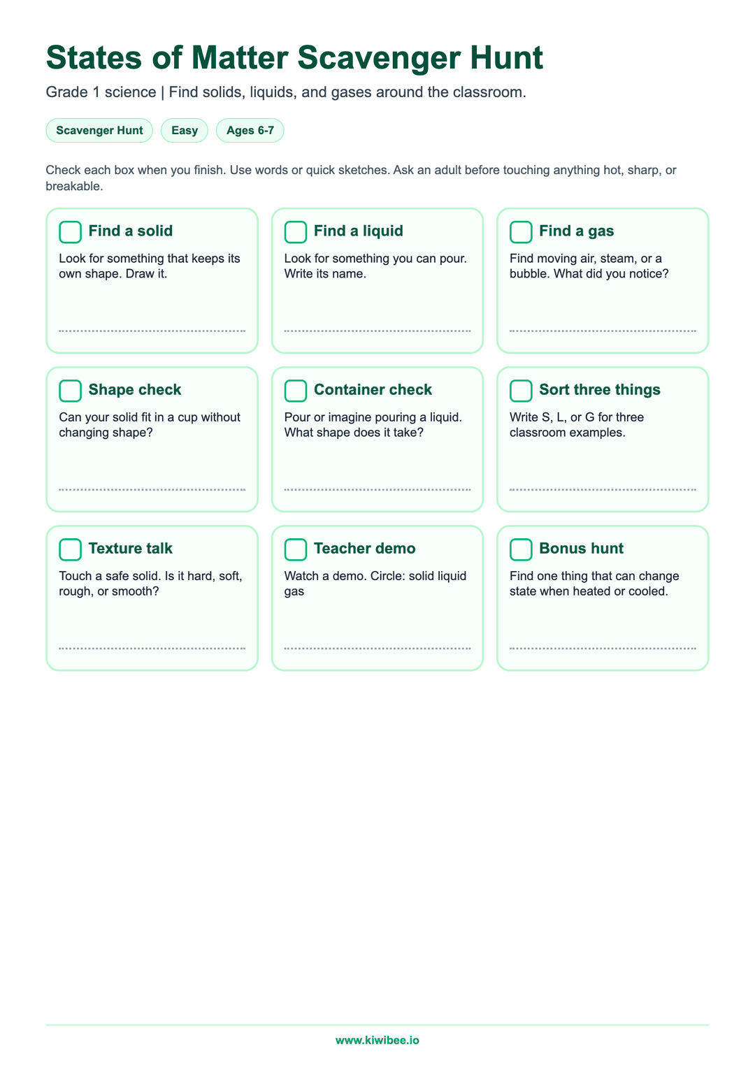 States of Matter scavenger hunt worksheet for Grade 1