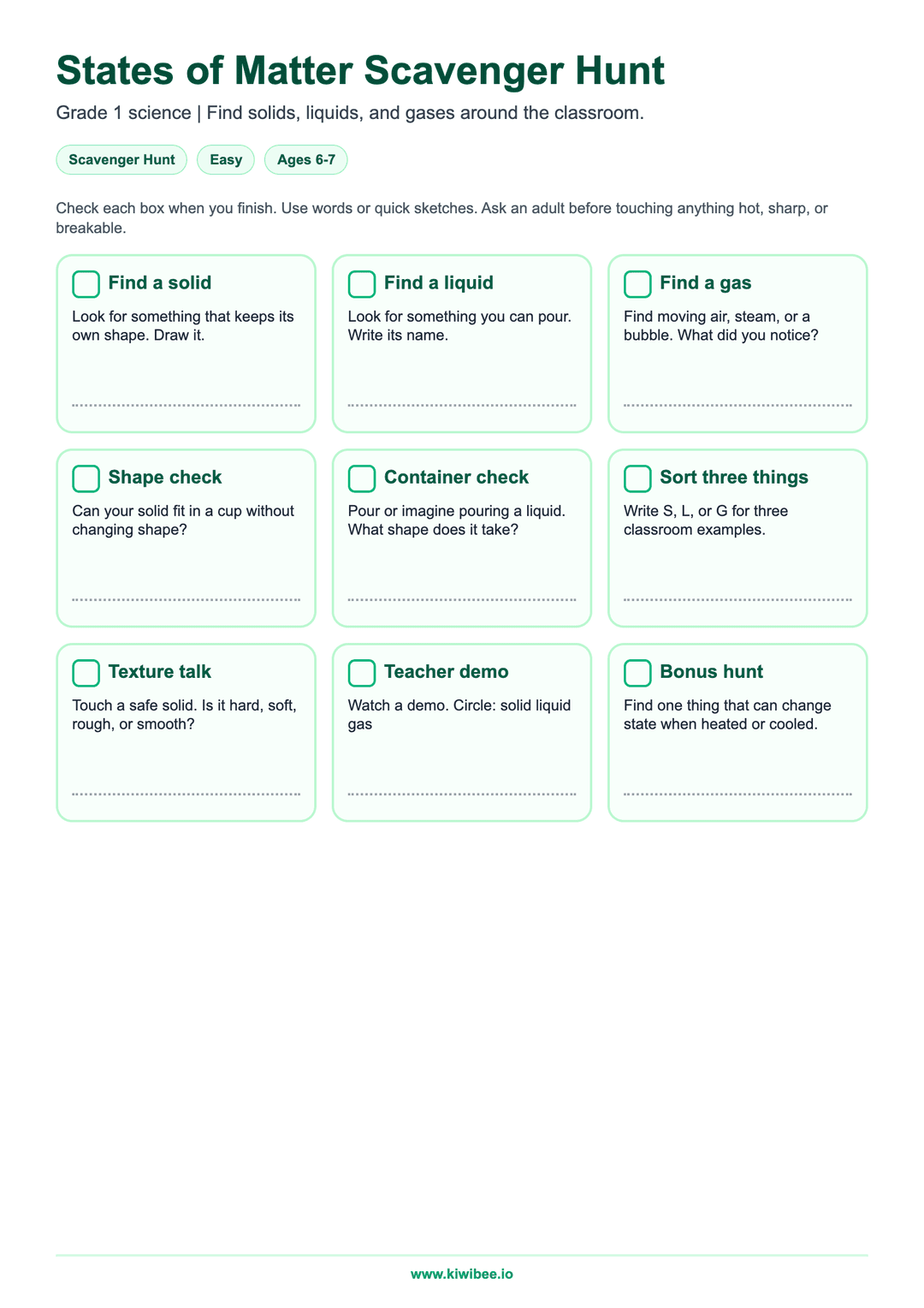 States of Matter Scavenger Hunt — Grade 1 | Free Classroom Game