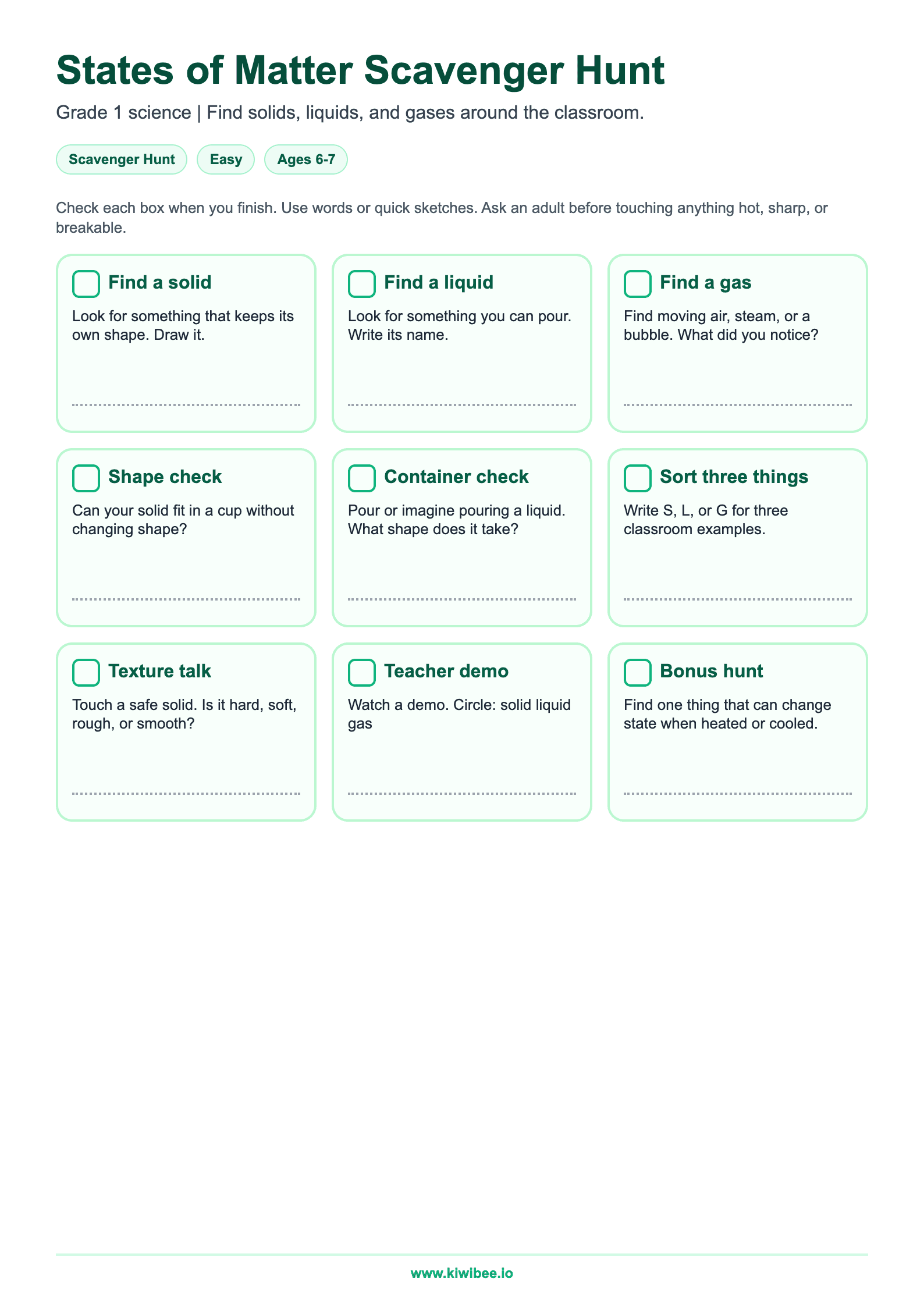 States of Matter scavenger hunt worksheet for Grade 1