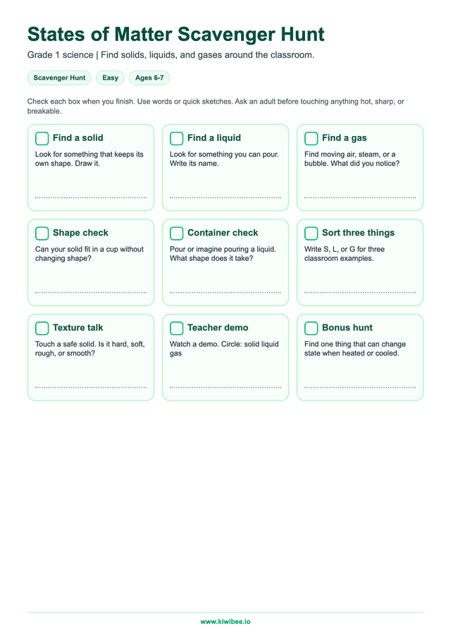 States of Matter Scavenger Hunt — Grade 1 | Free Classroom Game