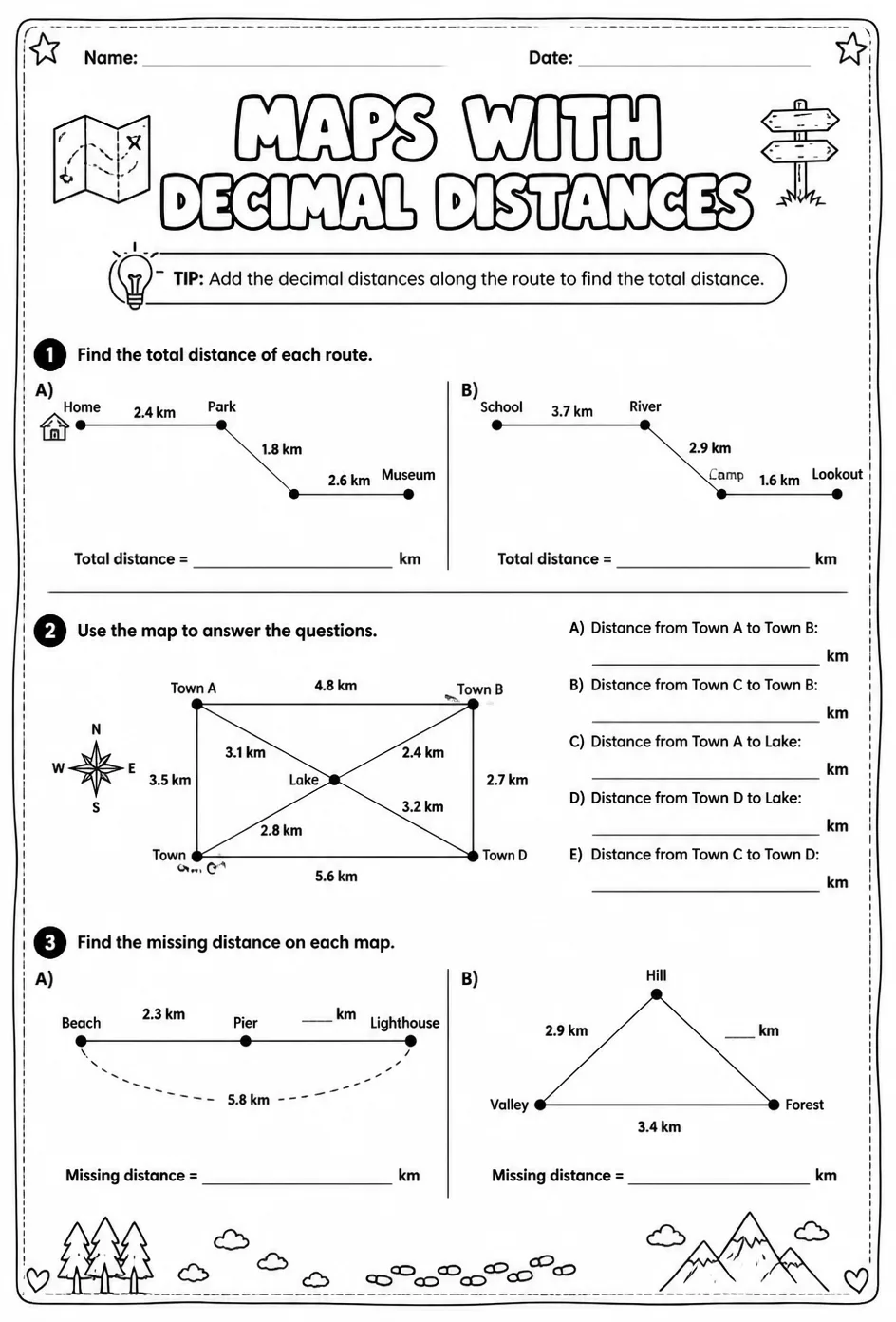 Maps with decimal distances — free printable Grade 6 math worksheet