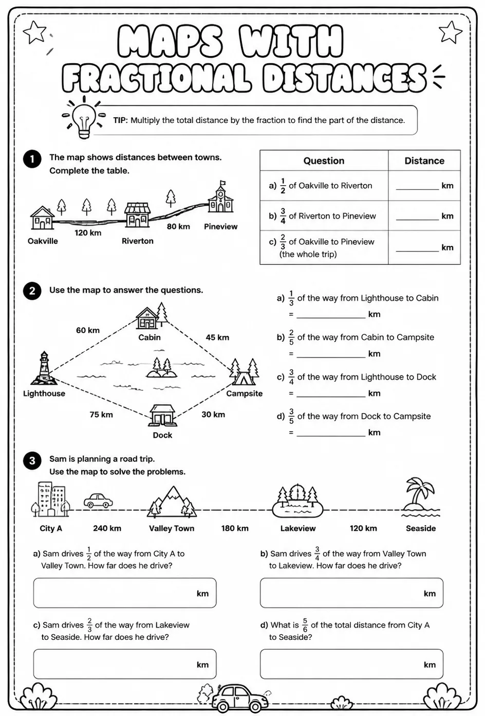 Maps with fractional distances — free printable Grade 6 math worksheet