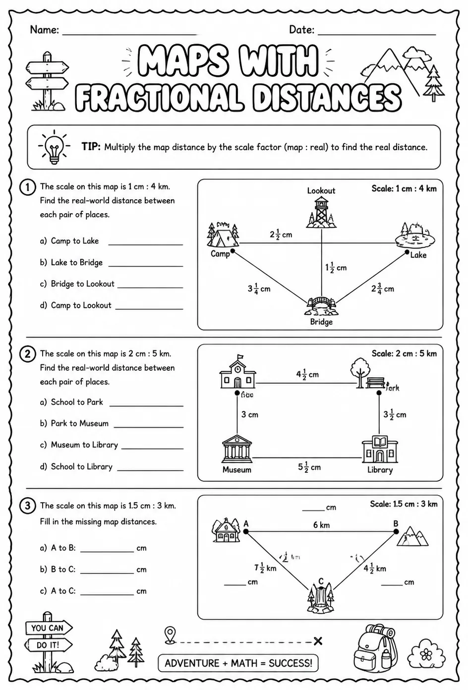 Maps with fractional distances — free printable Grade 7 math worksheet