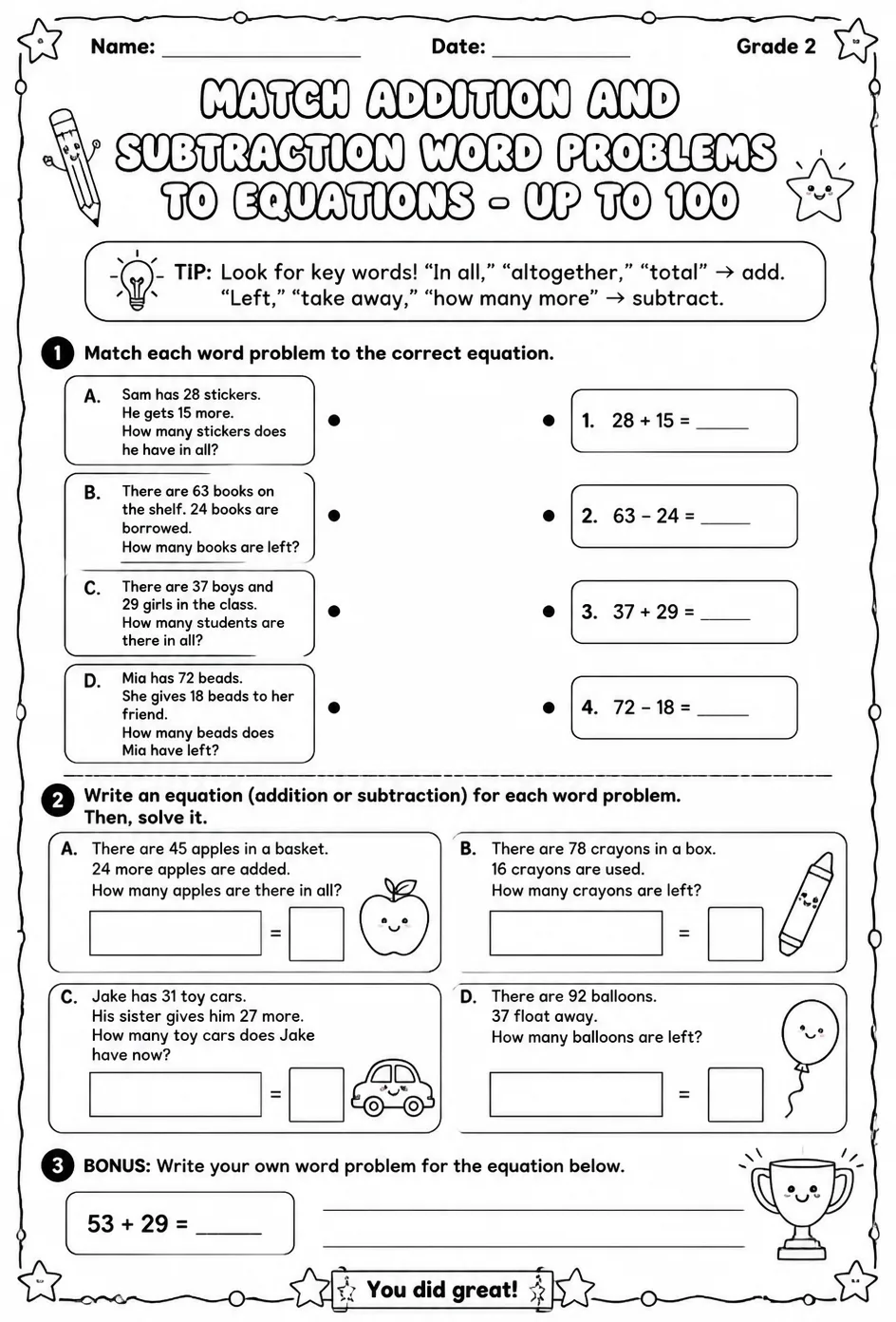 Match addition and subtraction word problems to equations - up to 100 — free printable Grade 2 math worksheet