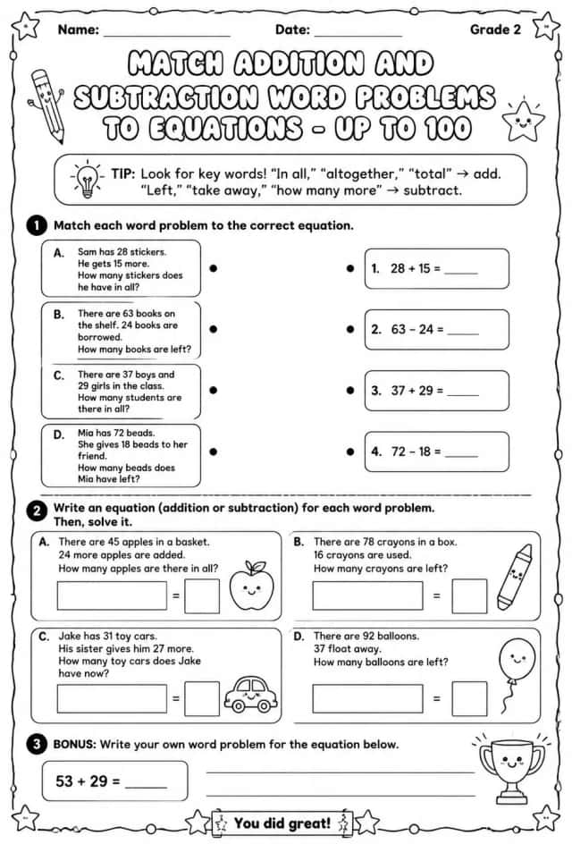 Match addition and subtraction word problems to equations - up to 100
