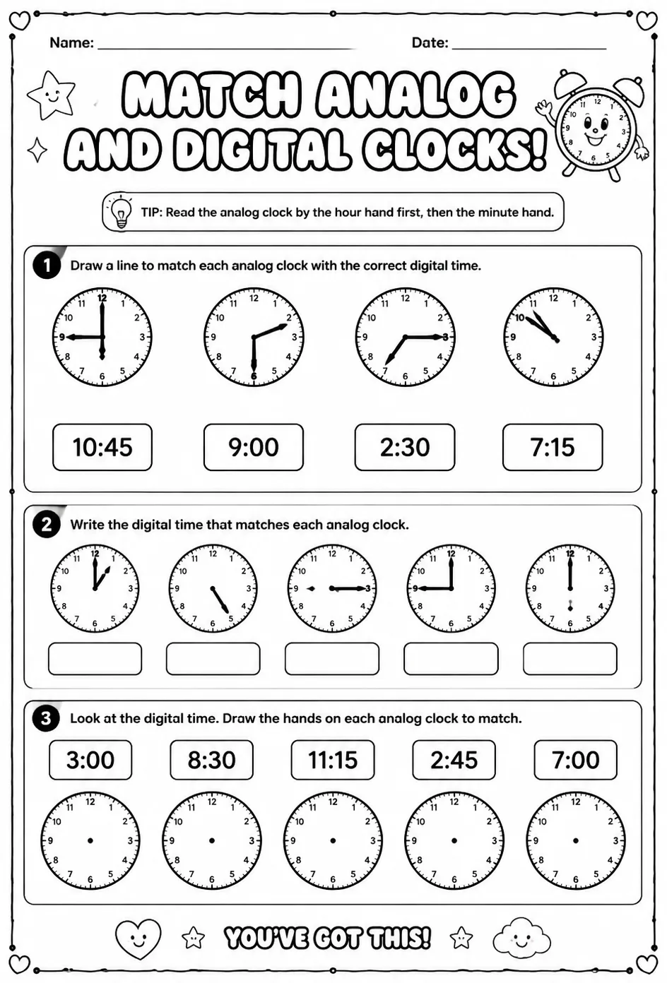 Match analog and digital clocks — free printable Grade 2 math worksheet